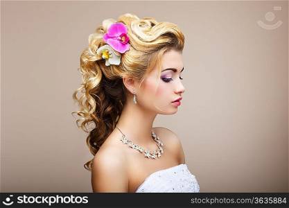 Harmony. Pleasure. Profile of Young Lady with Jewelry - Earrings & Necklace