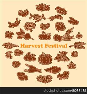 Harvest festival stickers set. Harvest festival stickers with lined vegetables and fruits icon set. Vector illustration