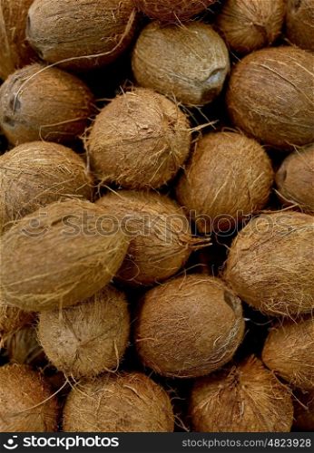 harvest, food and agriculture concept - close up of coconuts