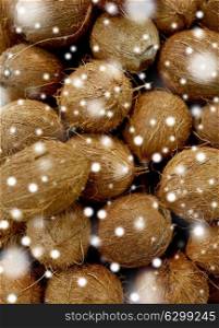 harvest, food and agriculture concept - close up of coconuts over snow. close up of coconuts