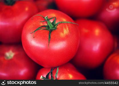 harvest, food, vegetable and agriculture concept - close up of red tomatoes