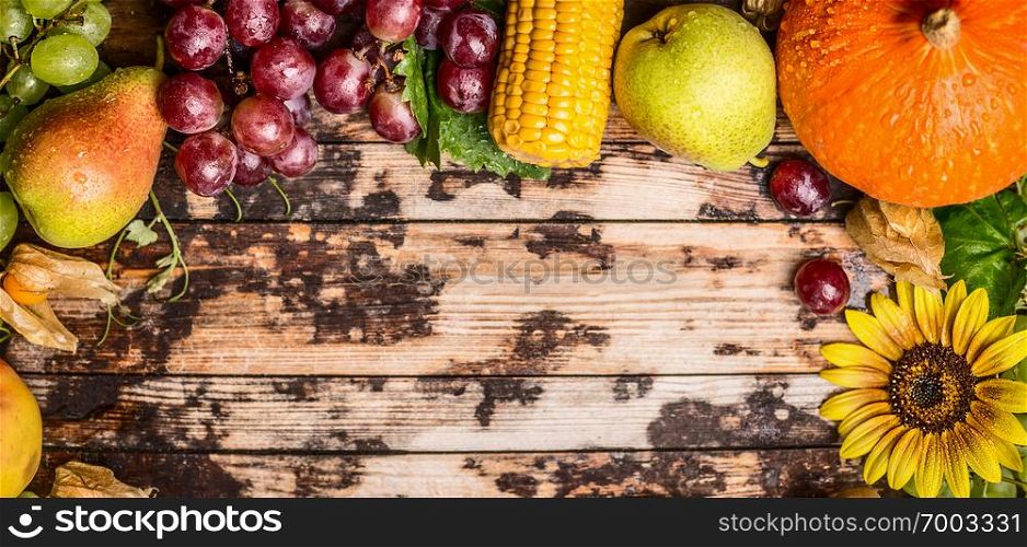 harvest fruits with grapes,pumkin and sunflowers on a rustic wooden background, banner for website
