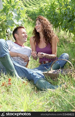 harvest, grapes, vineyard, vine, man, woman, couple, eating, nature, viticulture, wine growing, wine, agriculture, vintager, grape picker, harvester, vintage, season, business, summer, winegrower, winemaker, vine rows, testing, 40 years, 40 year old, caucasian, workers, smiling, sitting, happy
