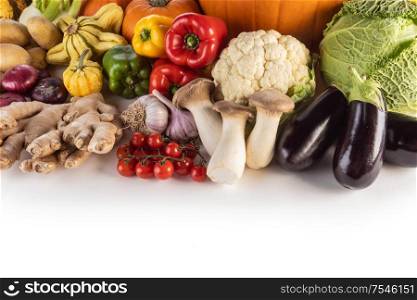 Harvest of many vegetables isolated on white background border frame with copy space for text. Harvest on white background
