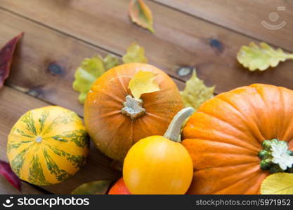 harvest, season, advertisement and autumn concept - close up of pumpkins and leaves on wooden table at home