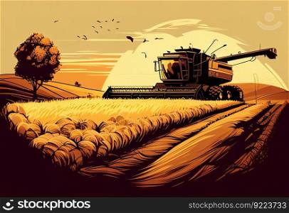 Harvester threshes the field illustration. AI generative.