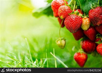 Harvesting of fresh ripe big organic red strawberry fruit in own garden. Banner with strawberry plants in a planthouse.. Fresh red strawberry fruit