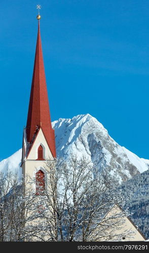 Haselgehr village and Catholic parish church St. Martin. Winter view (Austria, Tirol). 1689 a chapel was named in Martin Unterhof. 1704 took place a new building.