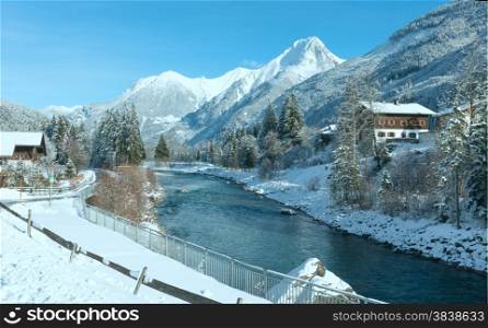 Haselgehr village winter view with Lech river (Austria, Tirol)