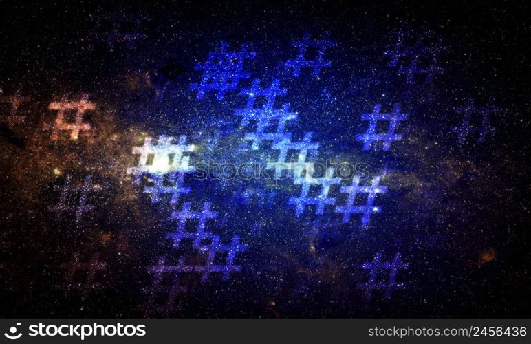 Hashtag random pattern on colorful space background. Illustration.