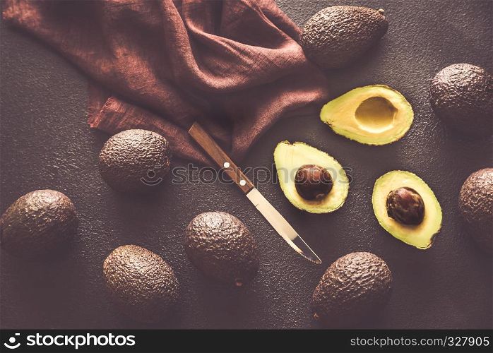Hass avocados on the dark background