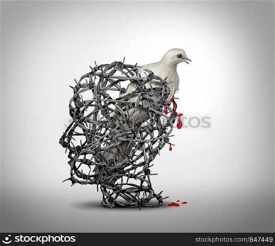 Hate crimes and the mind of a terrorist concept as a human head made of barbed wire with a bleeding wounded white dove victim of violence as a concept of criminal hatred in a 3D illustration style.