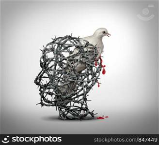 Hate crimes and the mind of a terrorist concept as a human head made of barbed wire with a bleeding wounded white dove victim of violence as a concept of criminal hatred in a 3D illustration style.