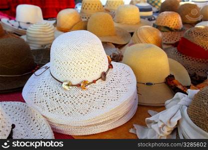 Hats arrangement on market hand craft shop in rows