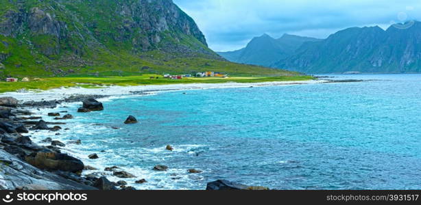 Haukland stony beach summer panorama (Norway, Lofoten).