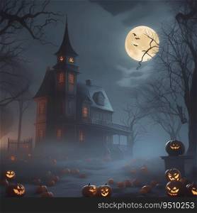 Haunted abandoned house. Pumpkins, candles, gloomy atmosphere, based around Halloween.