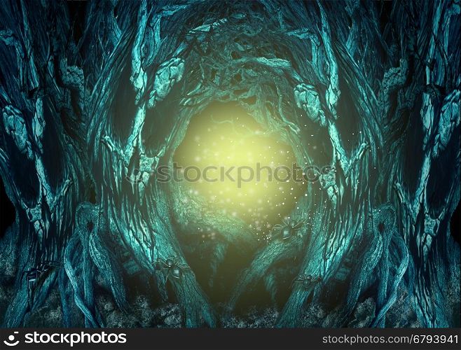 Haunted Forest background as creepy woods with evil trees and spiders with glowing copy space as a spooky landscape with 3D illustration elements.