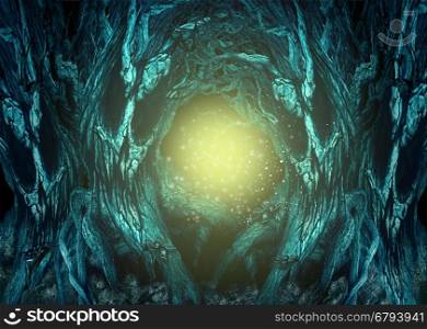 Haunted Forest background as creepy woods with evil trees and spiders with glowing copy space as a spooky landscape with 3D illustration elements.