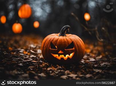 Haunted Halloween scene with Jack o Lantern pumpkins 