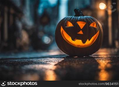Haunted Halloween scene with Jack o Lantern pumpkins 