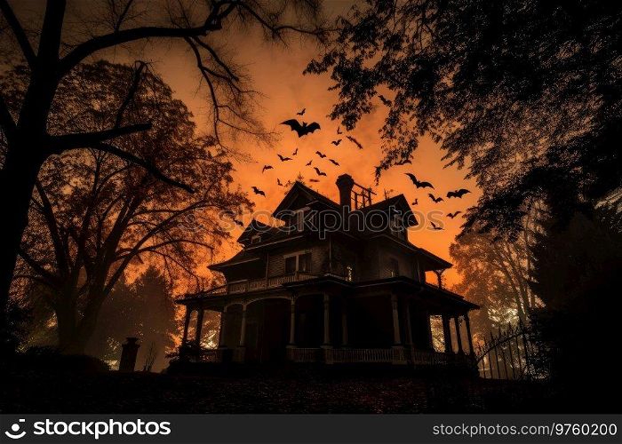 Haunted house with dark horror atmosphere. Haunted scene house. Generative AI