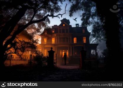 Haunted house with dark horror atmosphere. Haunted scene house. Generative AI
