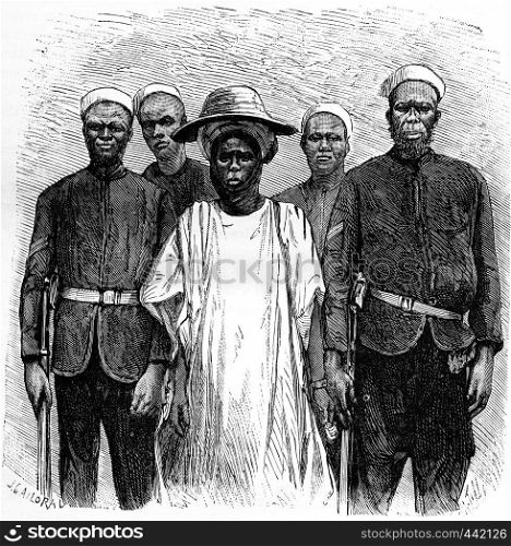Hausa incurred by the international association, vintage engraved illustration. Journal des Voyage, Travel Journal, (1880-81).