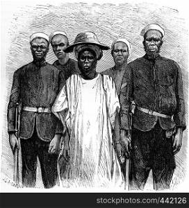 Hausa incurred by the international association, vintage engraved illustration. Journal des Voyage, Travel Journal, (1880-81).