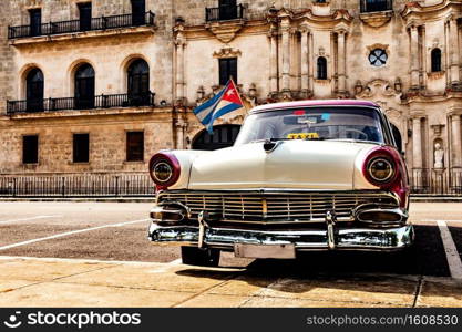 Havana, Cuba, December 12, 2016  Colorful vintage classic car parked in Old Havana