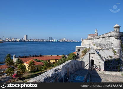 Havana. View of the city through a bay from Morro&rsquo;s fortress. Panorama