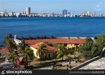 Havana. View of the city through a bay from Morro&rsquo;s fortress. Panorama
