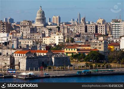 Havana. View of the old city through a bay from Morro&rsquo;s fortress. Panorama