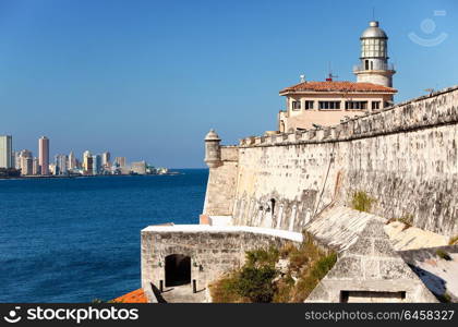 Havana. View of the old city through a bay from Morro&rsquo;s fortress. Panorama