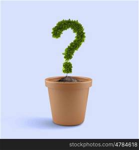 Have question. Image of plant pot with green question mark