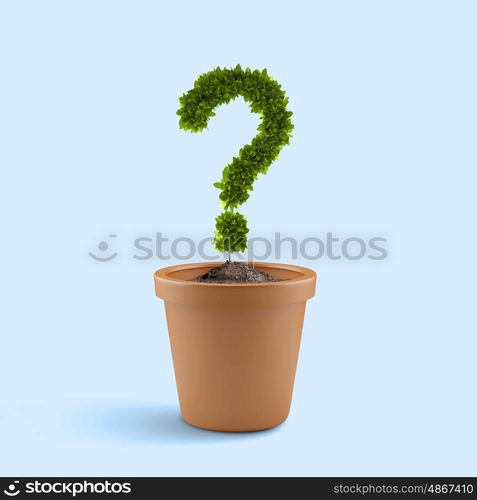 Have question. Image of plant pot with green question mark