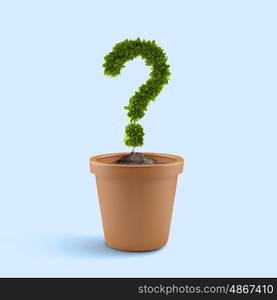 Have question. Image of plant pot with green question mark