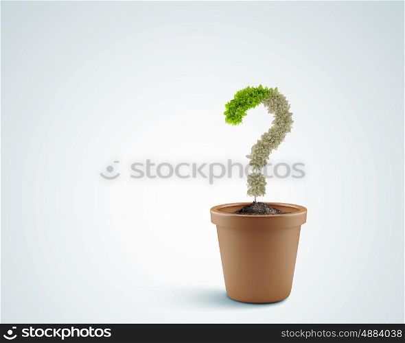 Have question. Image of plant pot with green question mark