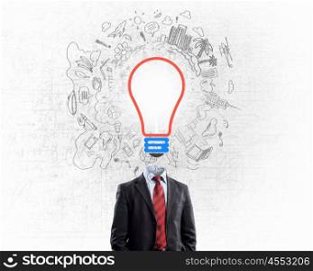 Having great idea in head. Idea concept with businessman and light bulb instead of his head