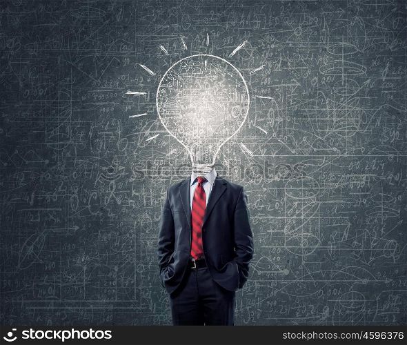 Having great idea in head. Idea concept with businessman and light bulb instead of his head