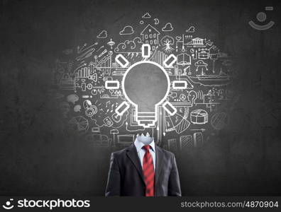 Having great idea in head. Idea concept with businessman and light bulb instead of his head