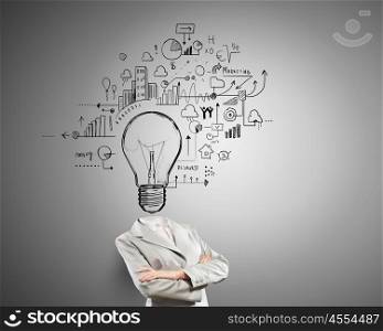 Having great idea in head. Idea concept with businesswoman and light bulb instead of her head