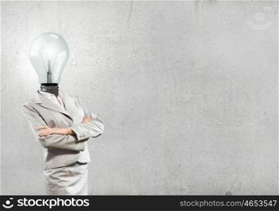 Having great idea in head. Idea concept with businesswoman and light bulb instead of his head