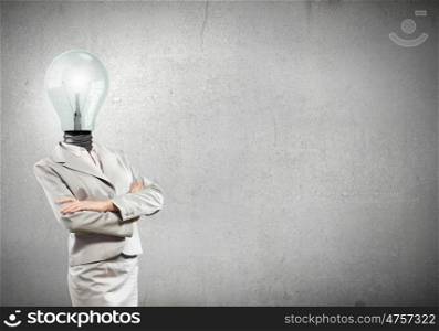Having great idea in head. Idea concept with businesswoman and light bulb instead of his head