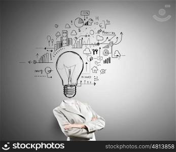 Having great idea in head. Idea concept with businesswoman and light bulb instead of her head