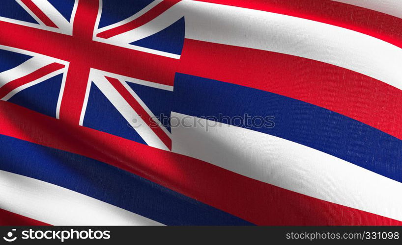 Hawaii state flag in The United States of America, USA, blowing in the wind isolated. Official patriotic abstract design. 3D rendering illustration of waving sign symbol.