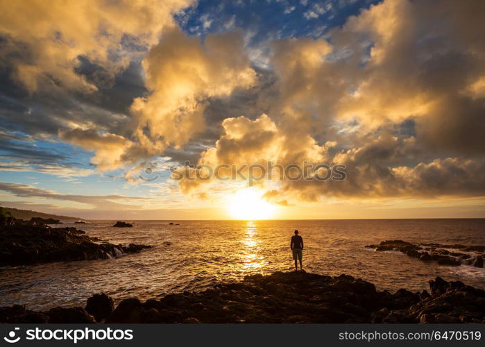 Hawaiian beach at sunrise. Amazing hawaiian beach at fantastic sunset