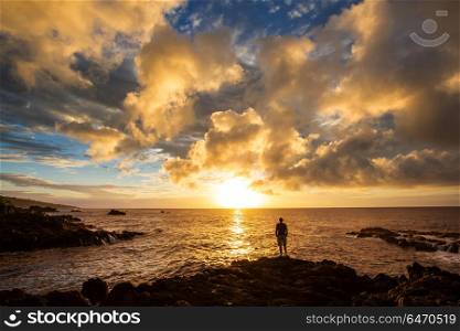 Hawaiian beach at sunrise. Amazing hawaiian beach at fantastic sunset