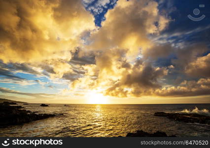 Hawaiian beach at sunrise. Amazing hawaiian beach at fantastic sunset