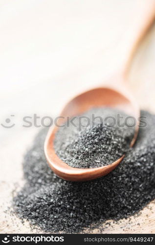 Hawaiian black  lava sea salt .  Healthy food concept. Speciality salt. Food background