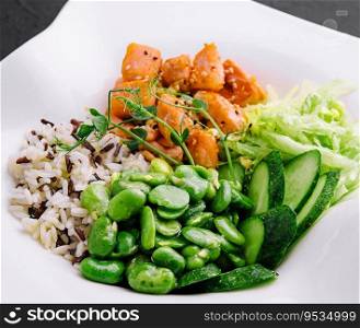 Hawaiian salmon poke salad with rice closeup